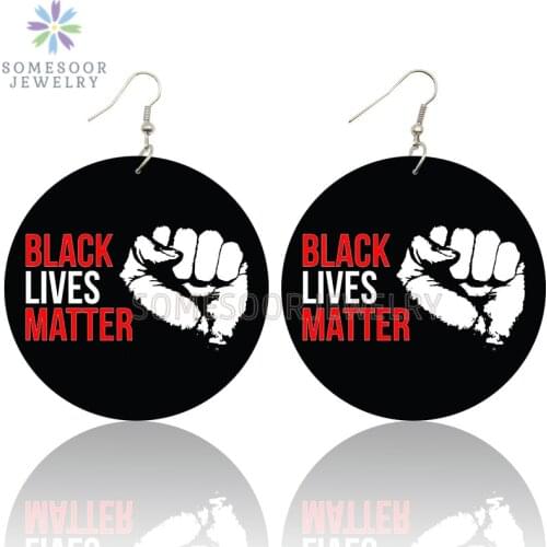 SOMESOOR Black Live Matters Powerful Fist Printed Wooden Drop Earrings Americans Resist Design Loops Dangle For Women Gifts