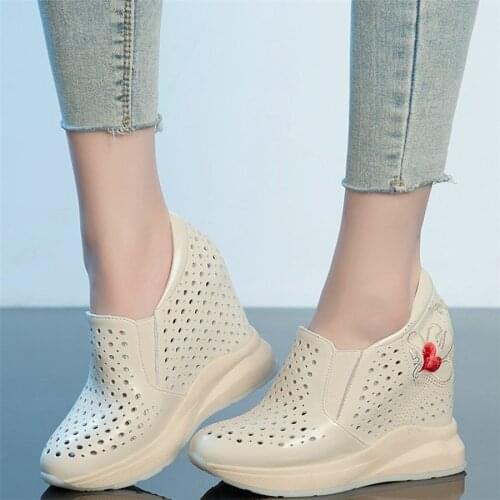 Fashion Sneakers Women Breathable Genuine Leather Wedges High Heel Ankle Boots Female Round Toe Platform Pumps Shoe Casual Shoes