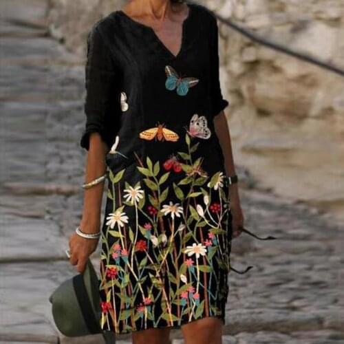 Vintage Women Dress V-Neck Half Sleeve Printing A-Line Dresses Casual 2021 Fashion Spring Female Loose Sundress Lady Vestidos