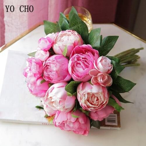 YO CHO 10 Heads Silk Artificial Peony Flower Pink Rose Bride White Big Peony Hand Bouquets Wedding Home Party Decor Fake Flowers