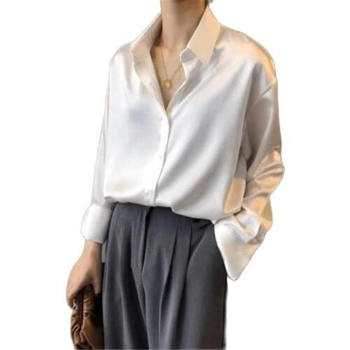 S-3XL Autumn Fashion Button Up Satin Silk Shirt Vintage Blouse Women White Lady Long Sleeves Female Loose Street Shirts Camisa