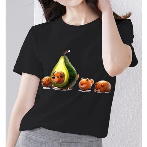 Women T-shirt Summer Fashion O-neck Soft Black All-match Tee Shirt Avocado Pattern Print Series Short Sleeve Tops Female Clothes