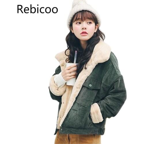 Loose Corduroy Jacket Women New Thick Winter Faux fur inside Jackets Ladies Cute Outerwear Coat Warm Parka Female