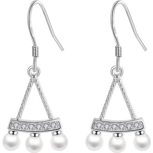 S925 Silver Earring CZ Vintage Fan Triangle with Pearls Drop Earring For Women Wedding Gift Lady Girl Fashion Jewelry