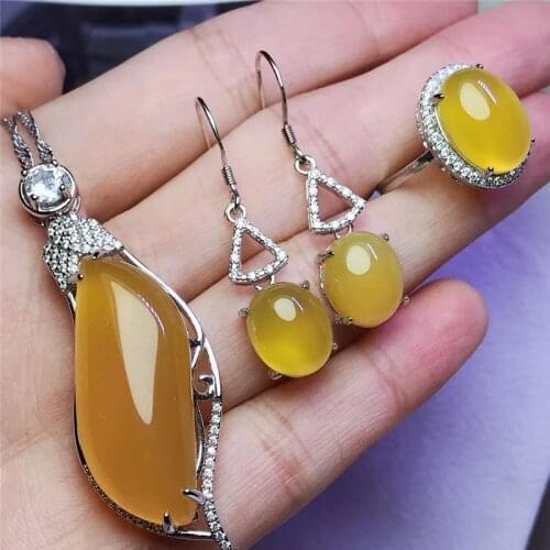Jadery Vintage Natural Yellow Jade Topaz Ring/Earrings/Necklace 925 Sterling Silver Jewelry Sets For Women Best Gifts 328 New