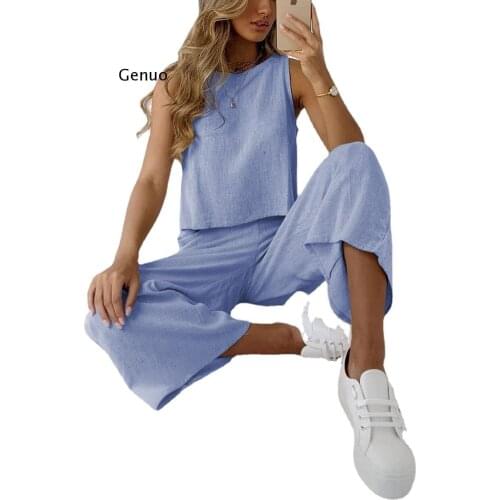 Spring Summer Women Cotton Linen Set Casual Sleeveless O-Neck Shirt and Loose Pants Suits Spring Summer Solid Two Piece Sets 3Xl