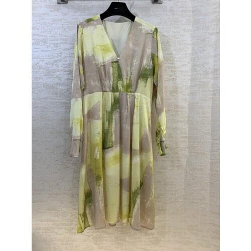 Ladies 2021 Fashion New Long Sleeve V-neck Printed Silk Dress 1231