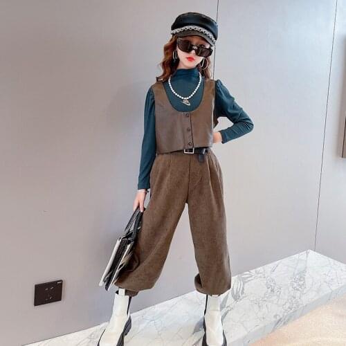 Girls puff sleeve PU leather vest suit childrens 2021 spring and autumn new western style net red three-piece trend