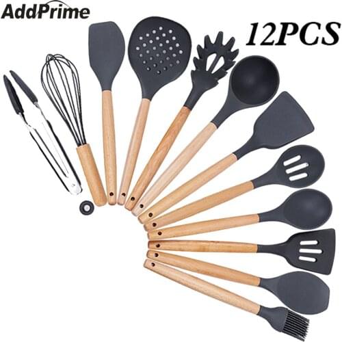 12Pcs/Set Kitchen Cooking Tools Set Silicone Heat Resistant Spatula Shovel Soup Spoon with Wooden Handle Non-stick Accessories