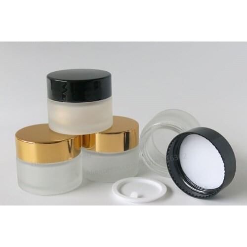 200 x 15 Frost Glass Cream Jar With White Seal Gold Black Lids For Cosmetic Use 1/2oz Make Up Container