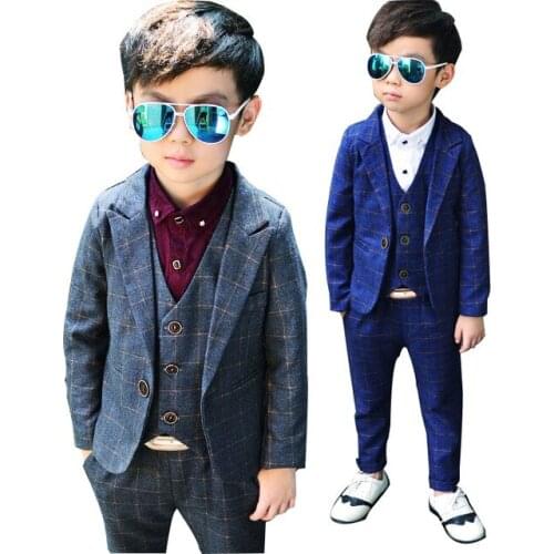 2018 Boys Formal Suits For Weddings England Style Man Child Blue Party Tuxedos Boys Formal Suits 3pcs Blazer+Pants+Vest 2-10Y