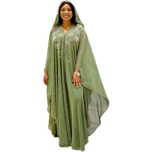 African Dresses for Women Dress Robe Pearl Chiffon Heavy Industry Hot Drill Ball + Inner Skirt Loose Long Dress African Clothes