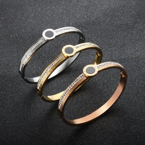 Luxury Black Shell Bangles For Women Men High Quality Fashion CZ Crystal With Roman Numerals Stainless Steel Bracelets Jewelry