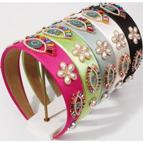Elegant Rhinestone Headband Colorful Eyes Hairband Women Handmade Imitation Pearl Head Band New European Fashion Hair Jewelry