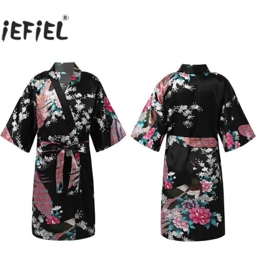 Kids Girl Robe Satin Peacock Printed Children Summer Kimono Bath Robes Birthday Silk Sleepwear Girls Bathrobe Nightgown Robe