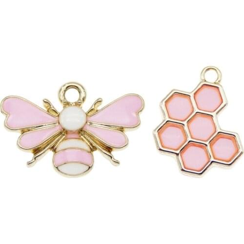 Julie Wang 4PCS Enamel Pink Bee Honeycomb Charms Mixed Hive Honeybee Pendants Alloy Necklace Bracelet Jewelry Making Accessory