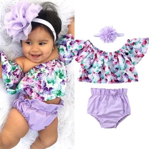 2019 Infant Baby Girl Set 0-24M Newborn Baby Girl Clothes Off Shoulder Floral Tops Shorts Headband Outfit Set