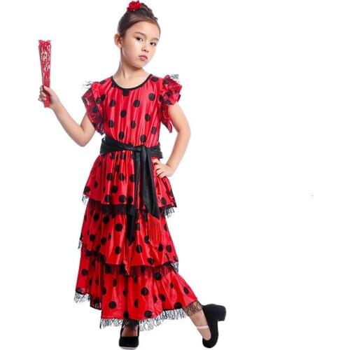 Red black satin solid Spanish flamenco skirt lace up womens dance attire 360-720 degrees girls ballroom mother daughter dress
