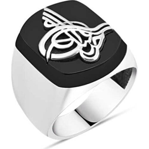 Onix Stone Above Monogram Sterling Silver Men 'S Ring