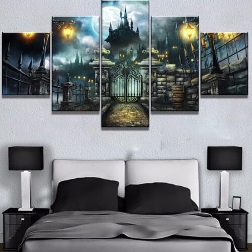Wall Art Home Decor For Living Room Unique Gift Picture 5 Piece HD Print Painting Halloween Castle Moon Landscape Canvas