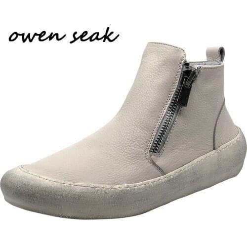 New Men Casual Boots Cow Leather High-TOP Ankle Boots Luxury Trainers Spring Zip Flats White Black Shoes Sneakers