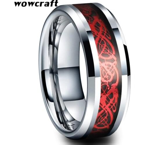 Tungsten Wedding Band for Men Women 8mm Engagement Rings Polished Shiny with Walnut Wood Red Dragon Inlay Comfort Fit