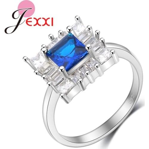Original Square Austrian Crystal Jewelry White/Blue 925 Sterling Silver Finger Rings for Women Female Wedding