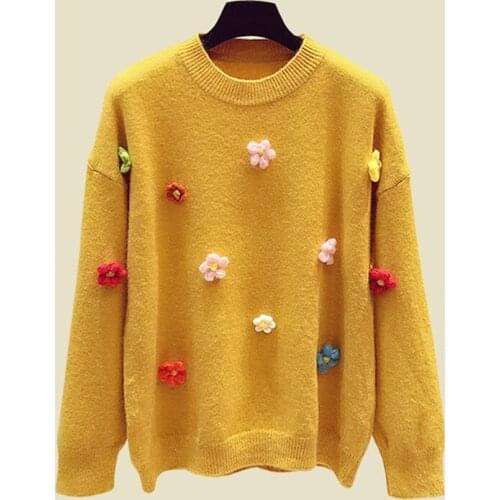 Autumn And Winter new Knitted Pullovers Tops women Solid color Loose O-Neck Sweater Sweet Embroidery Sweater women