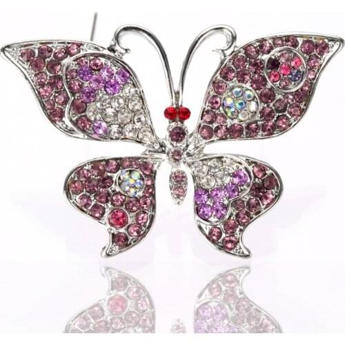Rhodium Silver Tone Lilac Rhinestone Crystal Diamante Lovely Butterfly Pin Brooch