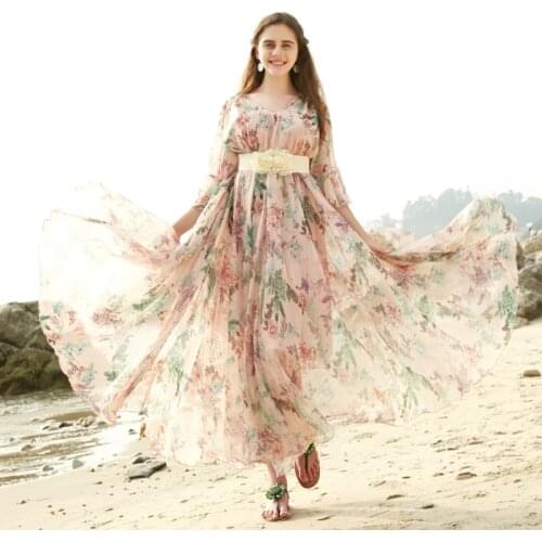 Pink Floral chiffon Long Sleeve maxi dress bohemia full plus size celebrity/graduation/Dinner Dress Beach Vacation Sundress