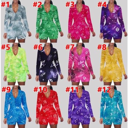 Sexy Long Sleeve Rompers Short Jumpsuit Printed 12 Constellations Palysuit Women Skinny Onesie Pajamas Home Wear Fall Clothings