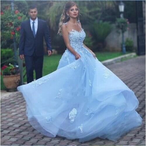 Light Sky Blue A Line Wedding Dress Applique Lace Straps Illusion O-Neck Backless Long Arabic Bridal Gowns