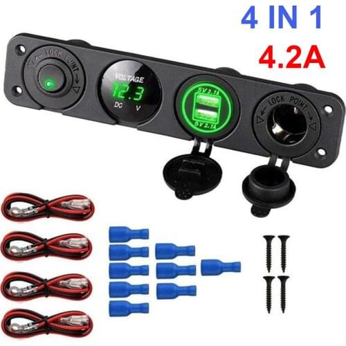 4 IN 1 Dual USB Charger 4.2A LED Voltmeter 12V Cigarette Lighter 4 Hole Switch Combination for Car Boat Trailer Truck Yacht