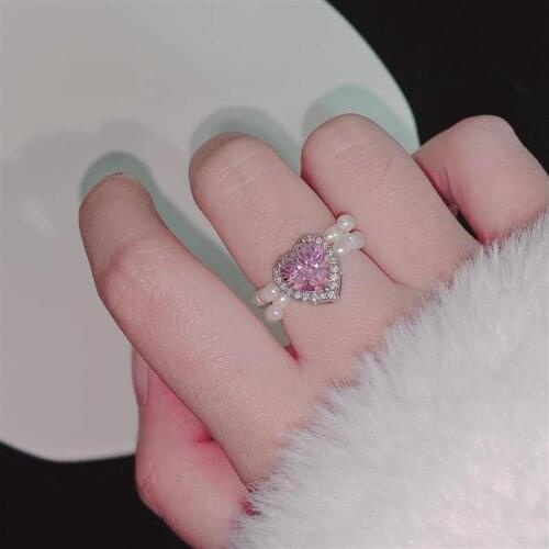 MENGJIQIAO Wholesale Elegant Elastic Beads Rings For Women Girls Fashion Pink Heart Finger Knuckle Rings Fashion Jewelry Gifts