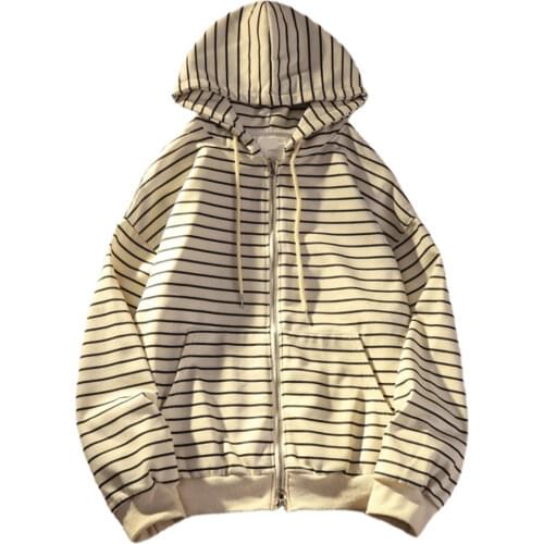 Zip Up Women Korean Style Hoodies For Girls Top Vintage stripe Long Sleeve Oversized Hooded Sweatshirt Jacket Casual Large Coats