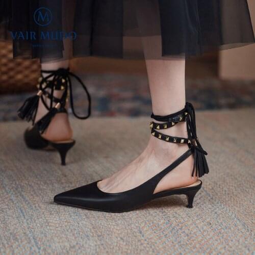 VAIR MUDO 2021 Women Pumps Shoes Pointed Toe High Thin Heels Fashion Cross-Tied Solid Spring/Autumn Genuine Leather Buckle D216L