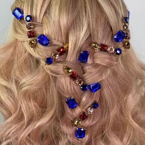 INS 2PCS Vintage Blue Rhinestone Head Back Hairpins Hair Jewelry for Women Elegant Crystal Geometric Diamond Hair Clips Hairgrip