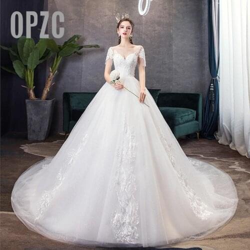 Custom plus size wedding dresses fashion Classic korean Bride gowns simple Lace Embroidery big train off white champagne Novia