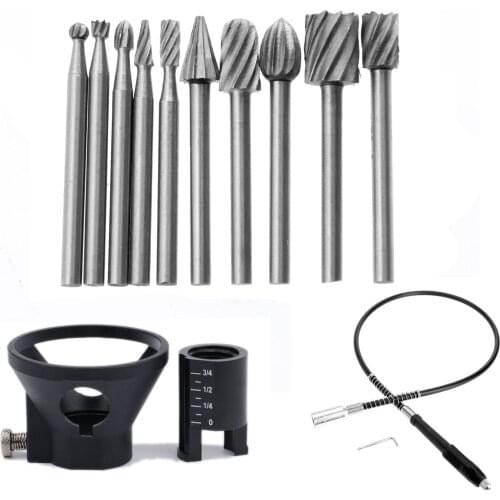 10Pc HSS Routing Router Grinding Bits Burr Dremel Accessories+Drill Dedicated Locator Horn Grinder Rotary Tool+19x2mm Flex Shaft