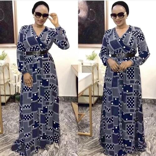 African Dresses for Women 2021 African Women Summer V-neck Long Sleeve Printing Polyester Long Dress African Clothes