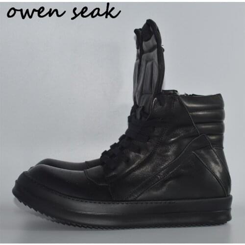 Owen Seak Women Shoes Genuine Leather High-TOP Ankle Boots Sneaker Luxury Trainers Boots Casual Lace-up Zip Flat Black Big Shoes