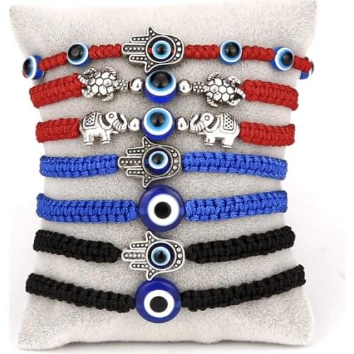 Turtle Elephant Hamsa Hand Blue Evil Eye Glass Beads Pendant Lucky Red Braided Rope Chain Bracelet For Women Men With Good Luck