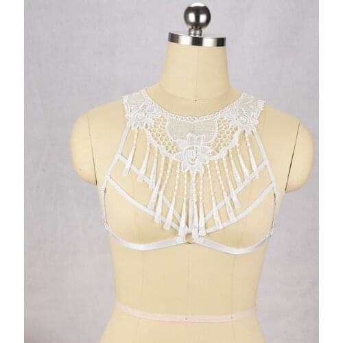 Black/White Lace Harness Sexy Open Chest Cage Bra Harajuku Tassel Harness Bra Criss Cross Goth Lingerie Fetish Wear O0345