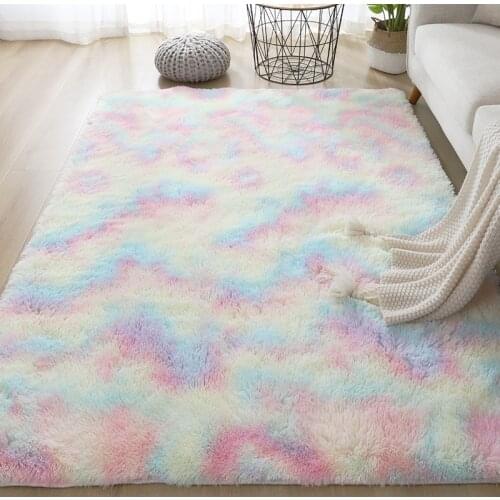 Colorful Carpet Shaggy Girl Room Bedside Rugs Cute Rainbow Color Soft Fluffy Plush Rug Kids Bedroom Nordic Home Decor Floor Mat
