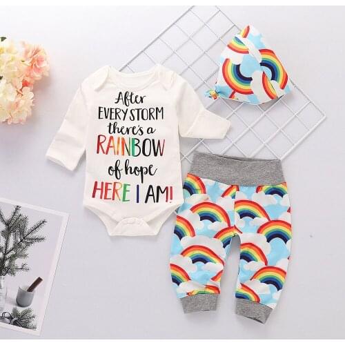 TELOTUNY Childrens clothing Infant Baby Girls Boys Fashion Long Sleeve Letter Print Romper Jumpsuit Tops+Rainbow Pants Set Jun2