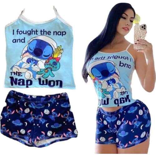 Disney Stitch shorts suit 2021Summer new womens pink vest casual sexy cute cartoon printed shorts mickey mouse suit