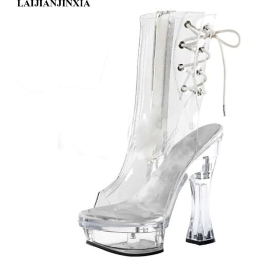 LAIJIANJINXIA New 14 Cm Transparent Women Sexy Ankle Boots Waterproof Platform Small Size 34 Party Club Model Pole Dancing Shoes