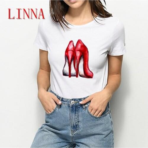 LINNA The latest watercolor high heels printed fashion t-shirt funny female t-shirt 90s hip-hop punk t-shirt hipster streetwear