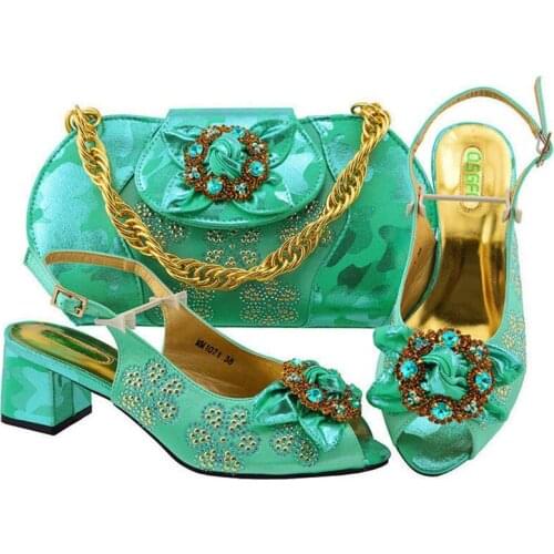 Green Color Italian Style Ladies Shoes and Bag Set Decorated with Rhinestone African Fashion Women Italian Shoe And Bag Set
