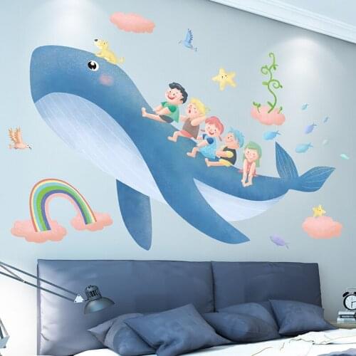 Cartoon Whale Wall Stickers Bedroom Bedside Background Wall Decoration Childrens Room Decor Self Adhesive Creative Wall Decals